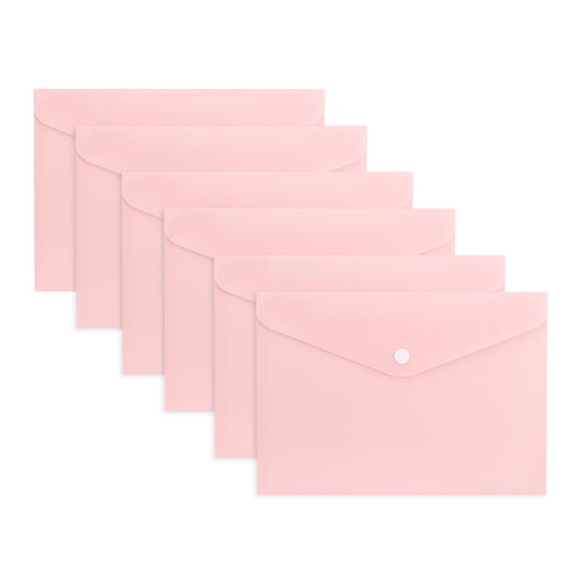 Pack of 12 A5 Light Pastel Pink Soft Touch Plastic Document Wallets with Button Closure