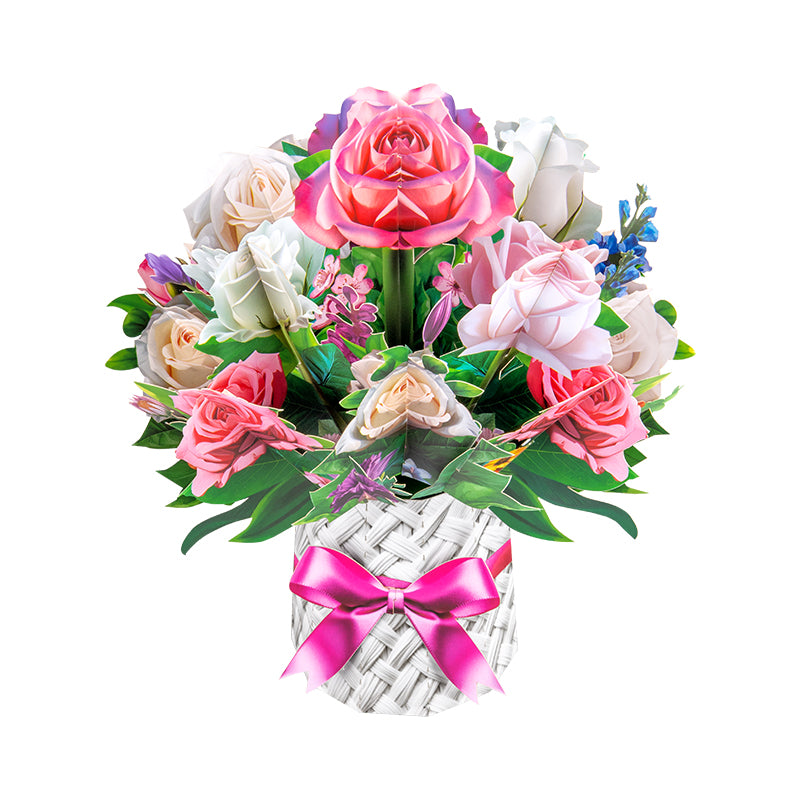 Pink And White Rose Bouquet in Basket Design 3D Pop Up Card