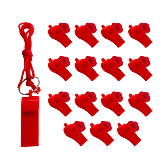 Bag of 10 Red Plastic Whistles with Lanyard Neck Cord