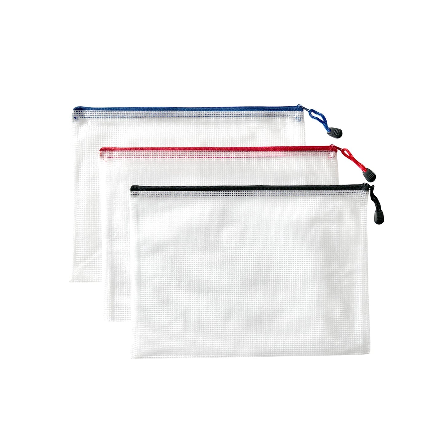 Pack of 3 A4 Assorted Coloured Strong Mesh Bags - Black, Blue, Red - Tough Waterproof Storage