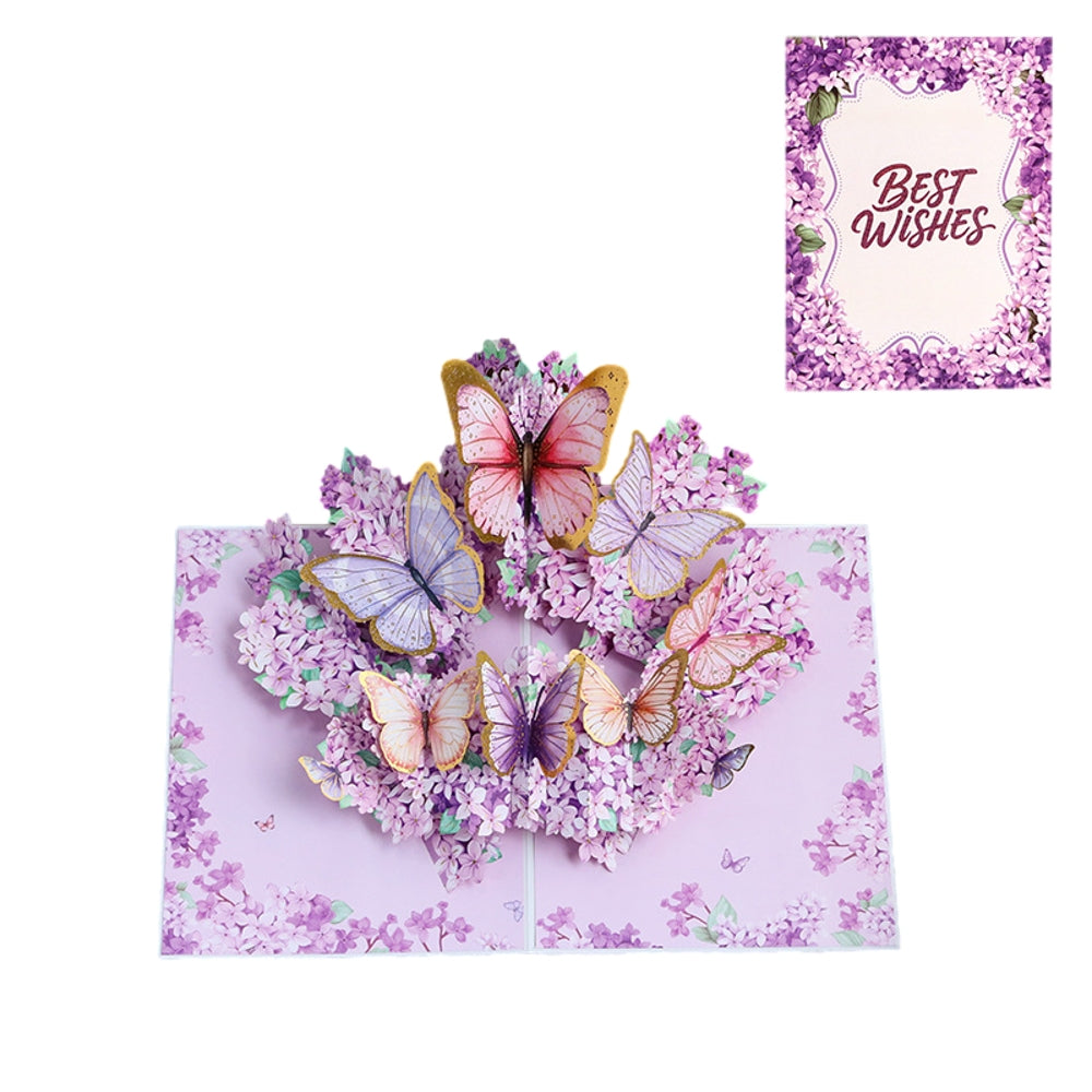 Lilac Flowers Flying & Butterflies Dancing Best Wishes 3D Pop Up Greeting Card