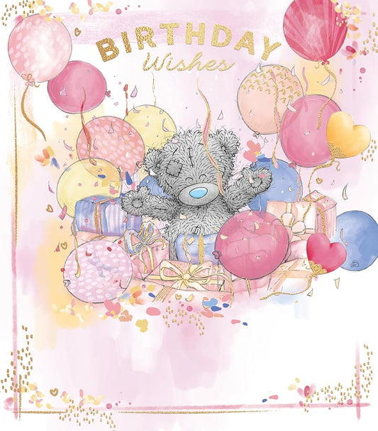 Bear Amongst Streamers Balloons And Gifts Birthday Wishes Card