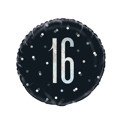 Birthday Glitz Black & Silver Number 16 Round Foil Balloon 18