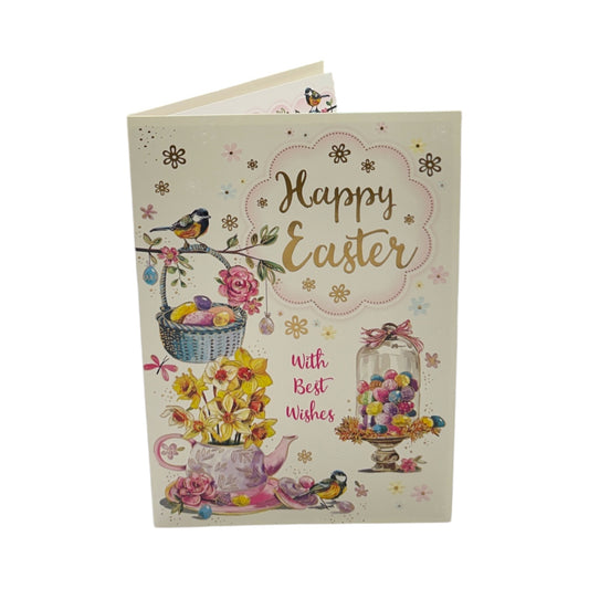 Happy Easter Beautiful Flowers and Chicks Eggs Design Greeting Card