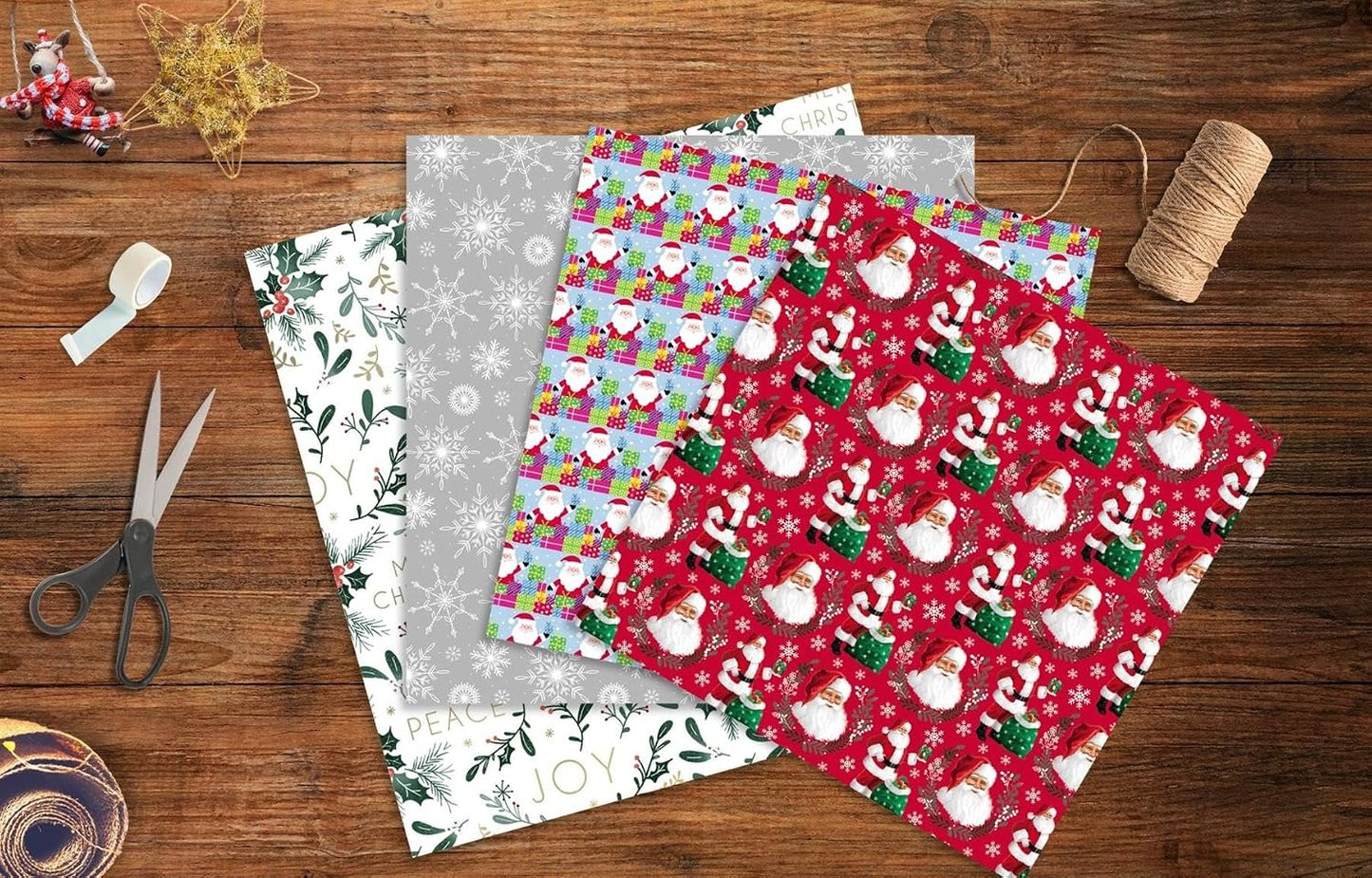 Pack of 8 Santa Snowflake Holly Christmas Gift Wrapping Paper Sheets