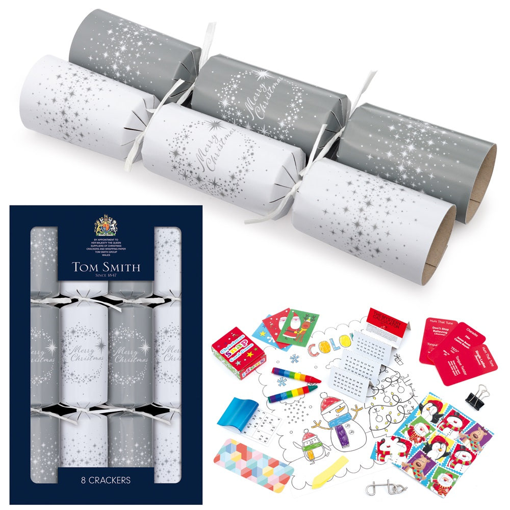 Pack of 8 12.5" Silver Family Christmas Dinner Crackers