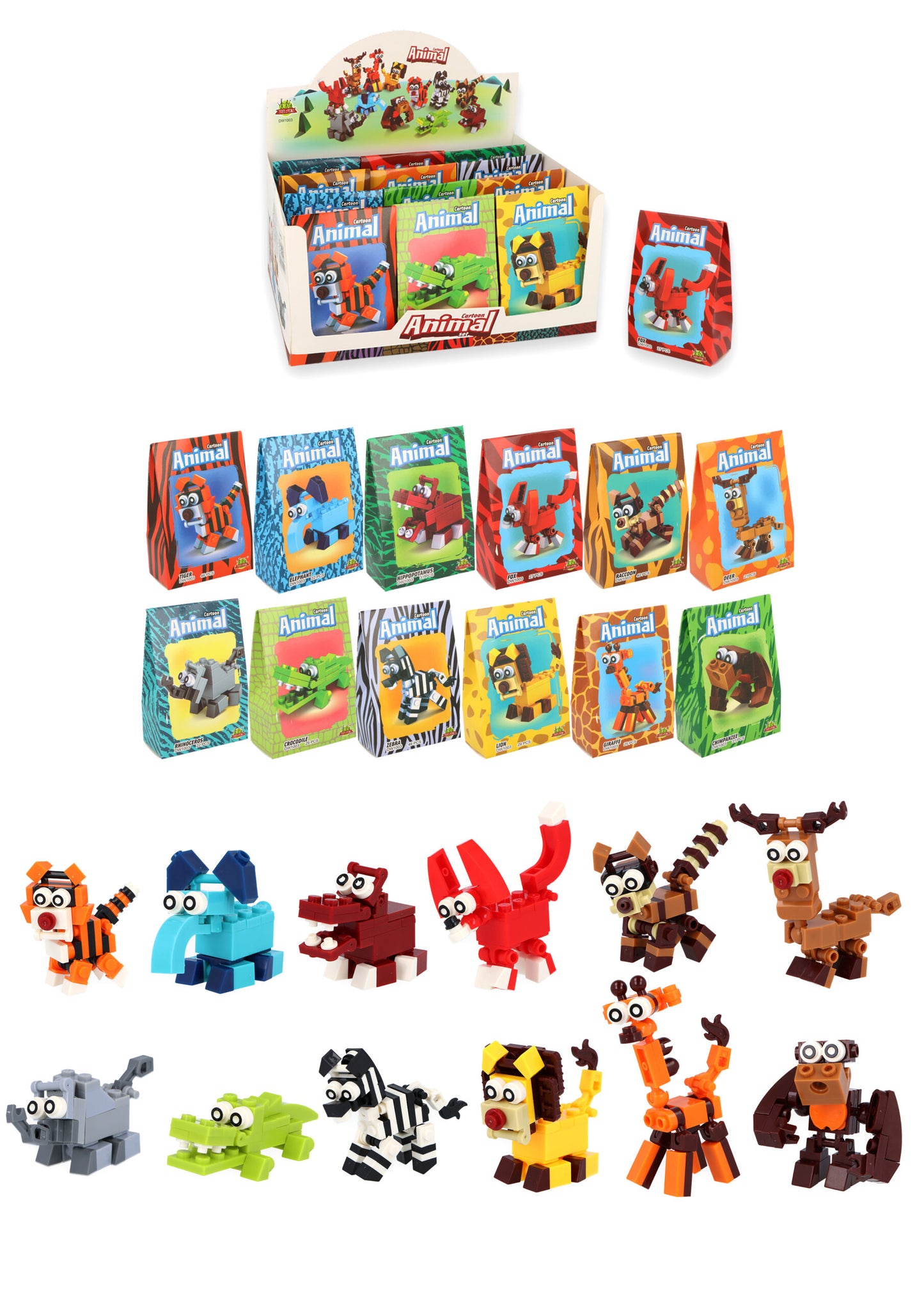 Pack of 12 Jungle Animal Lego Block Kits - Mini Bricks Set Construction Toy Birthday Favours Loot Bag Fillers