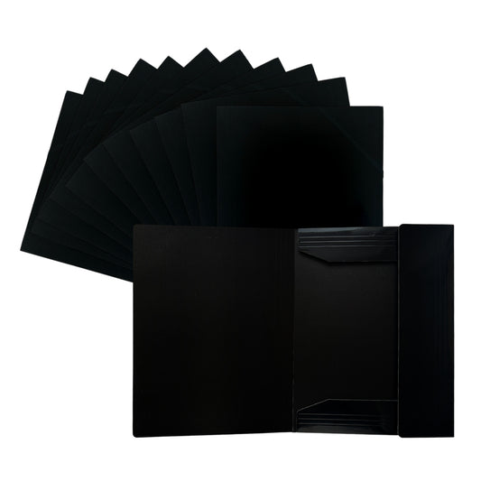 Pack of 12 Janrax A4 Black Laminated Card 3 Flap Folders with Elastic Closure