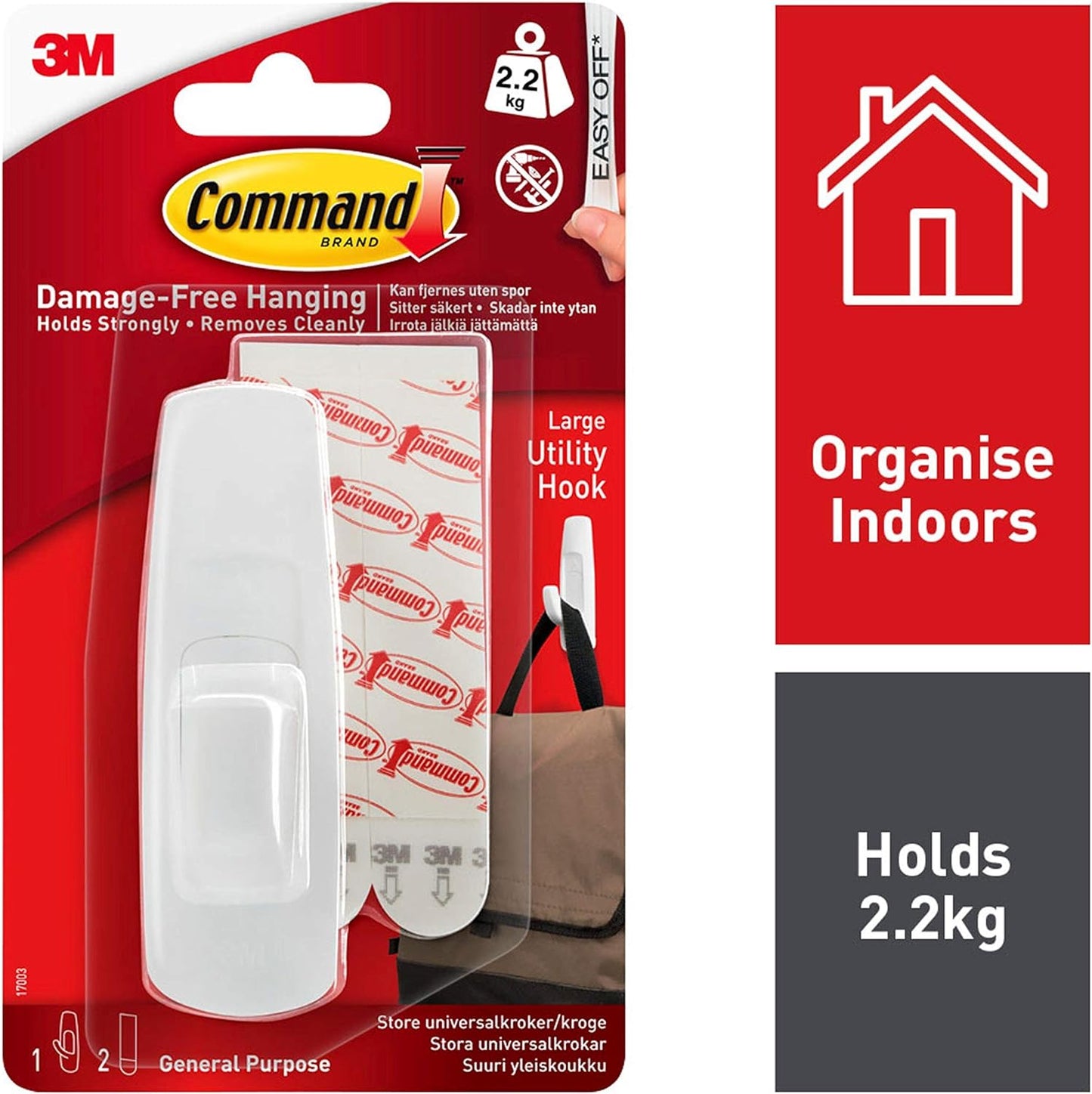 3M Command Adhesive Hook Large White with Two Adhesive Strips 17003