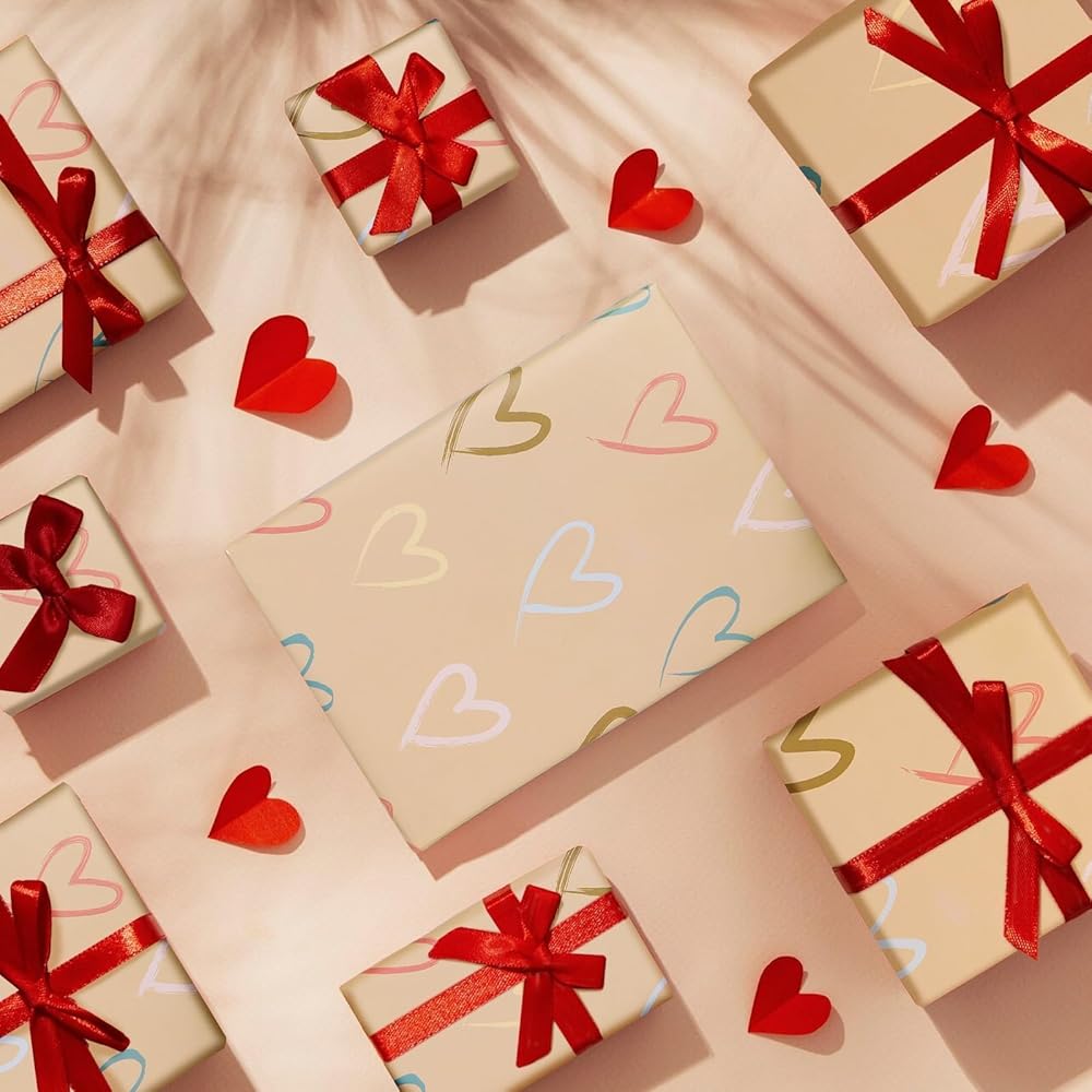 Colourful Love Hearts 4 Sheets Wrapping Paper for Christmas Birthday Wedding Anniversary Valentines 