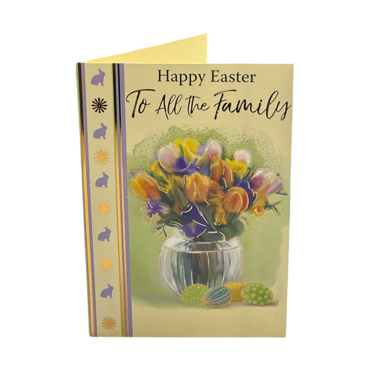 To All Family Flower Pot And Colourful Eggs Design Easter Card