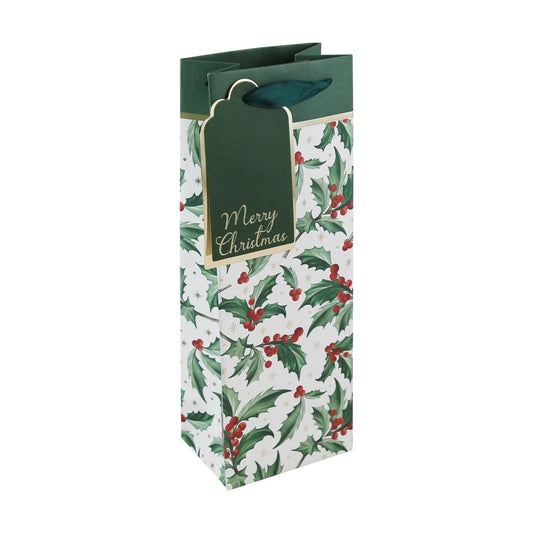 Holly Forest Green Christmas Bottle Gift Bag