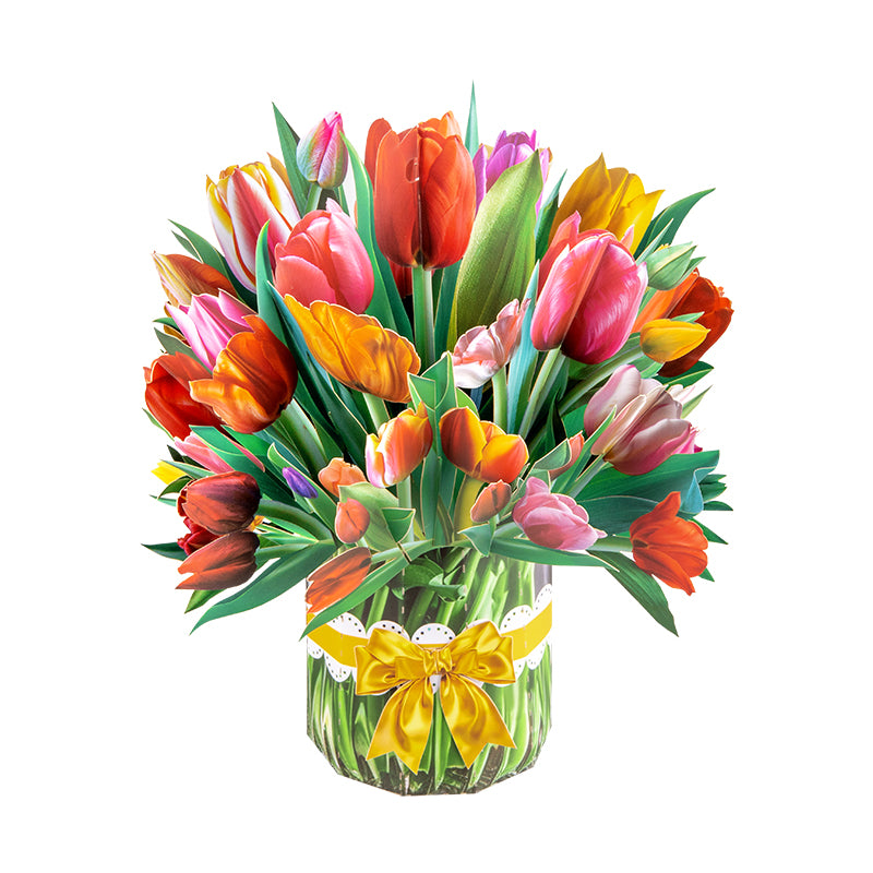 Colorful Tulip Bouquet with Ribbon Bow Design 3D Pop Up Card