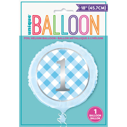 Blue Gingham 1st Birthday Round Foil Balloon 18