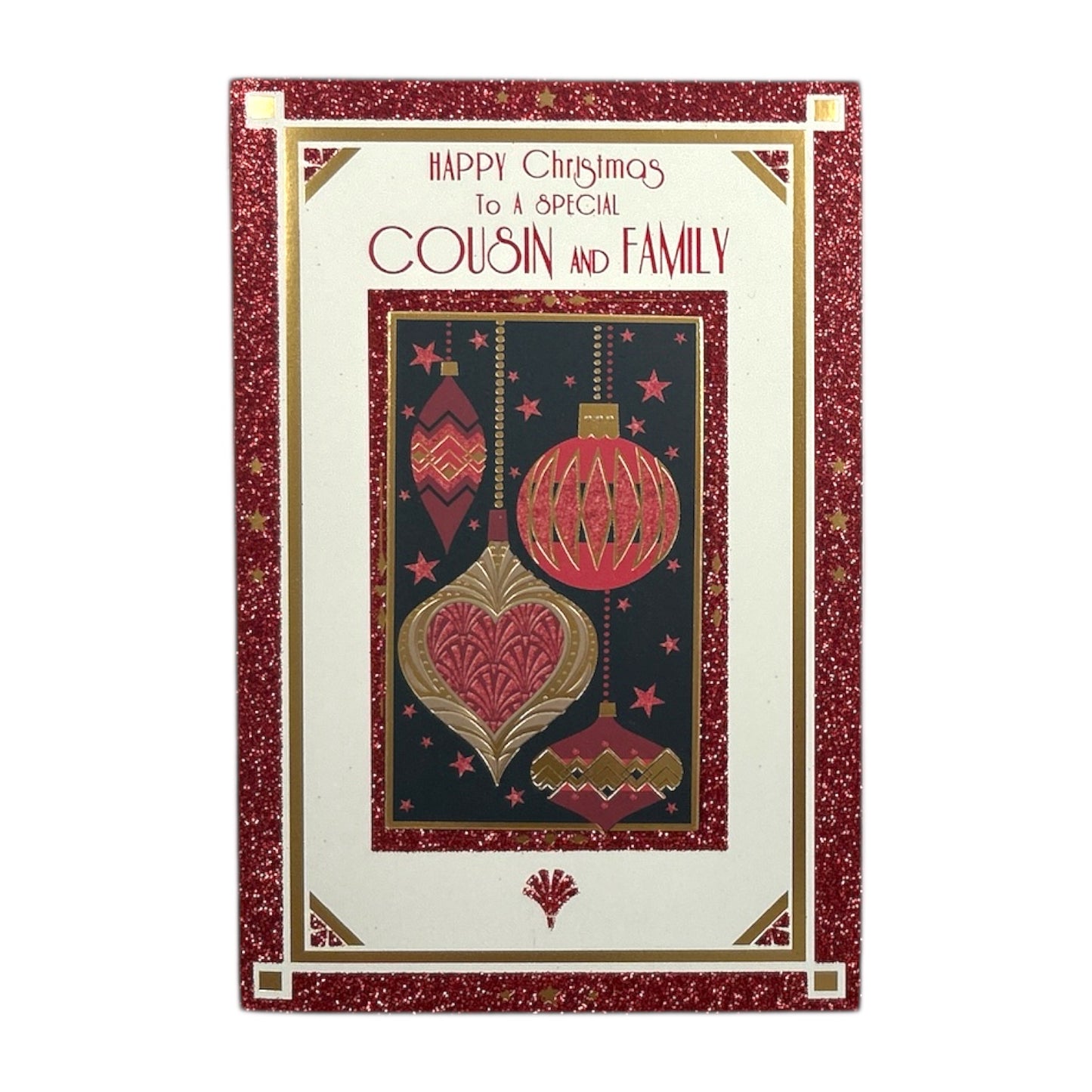 To a Special Cousin and Family Baubles Design Christmas Card