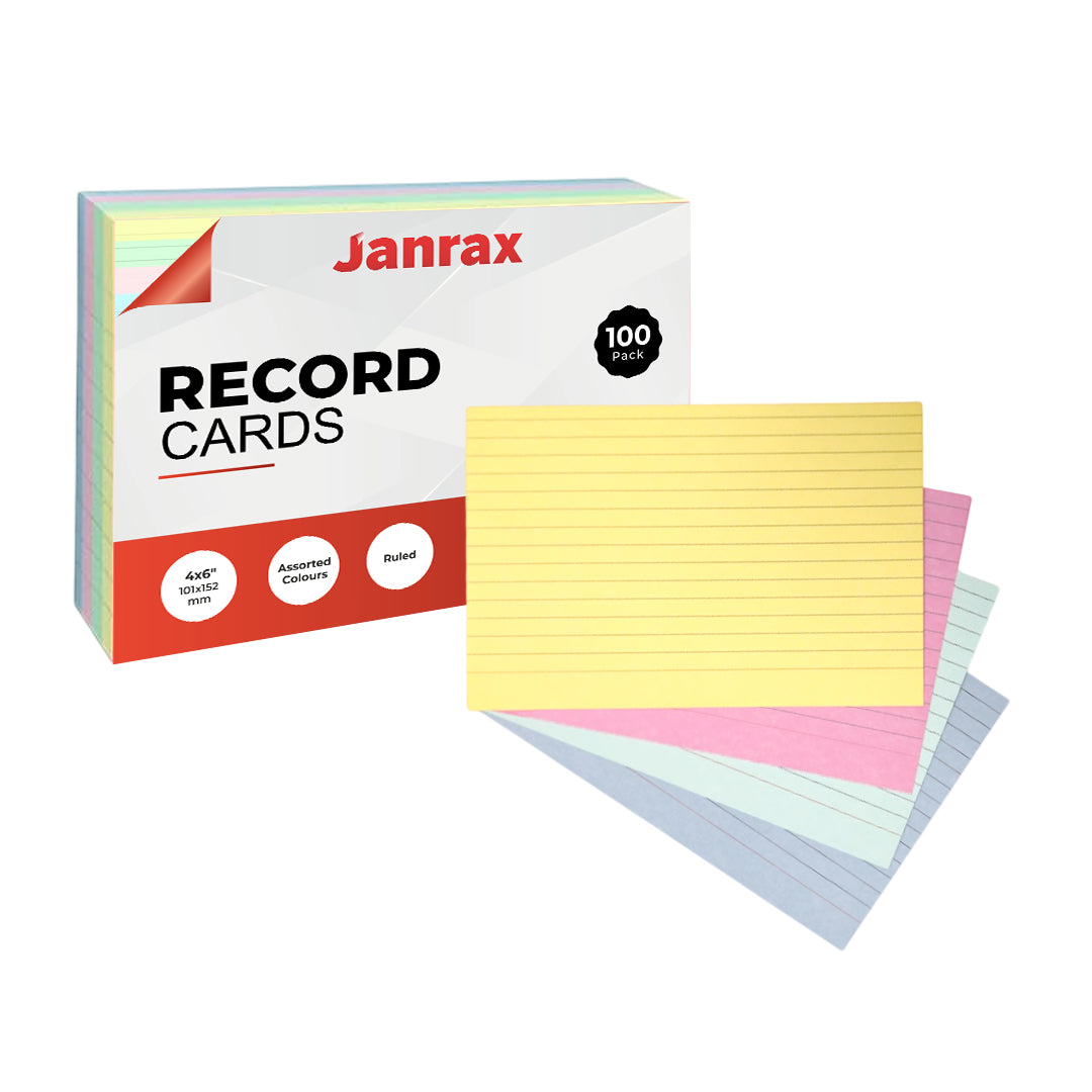Pack of 100 Assorted Colour Ruled 6x4" Record Cards – Lined Study Index Cards for Notes, Revision