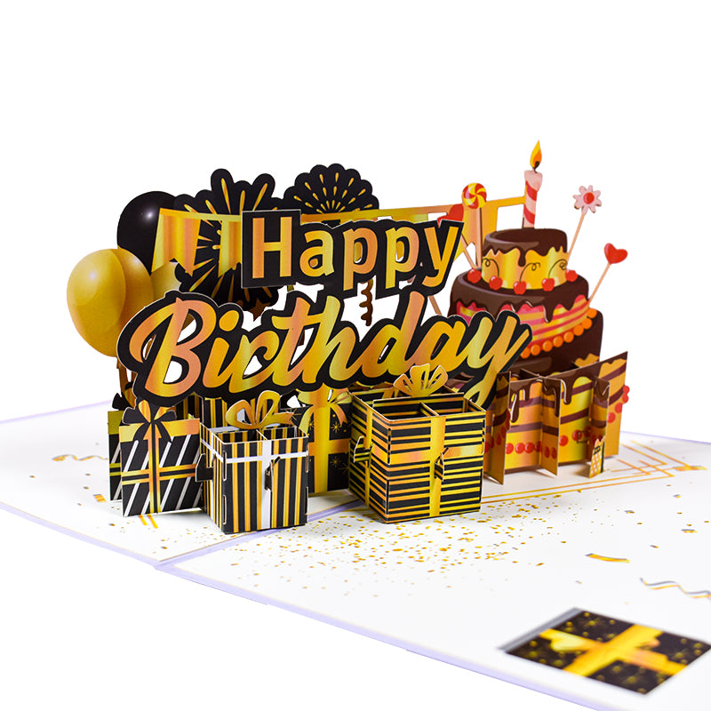 Layered Cake Design Black and Gold Accents 3D Pop Up Birthday Card