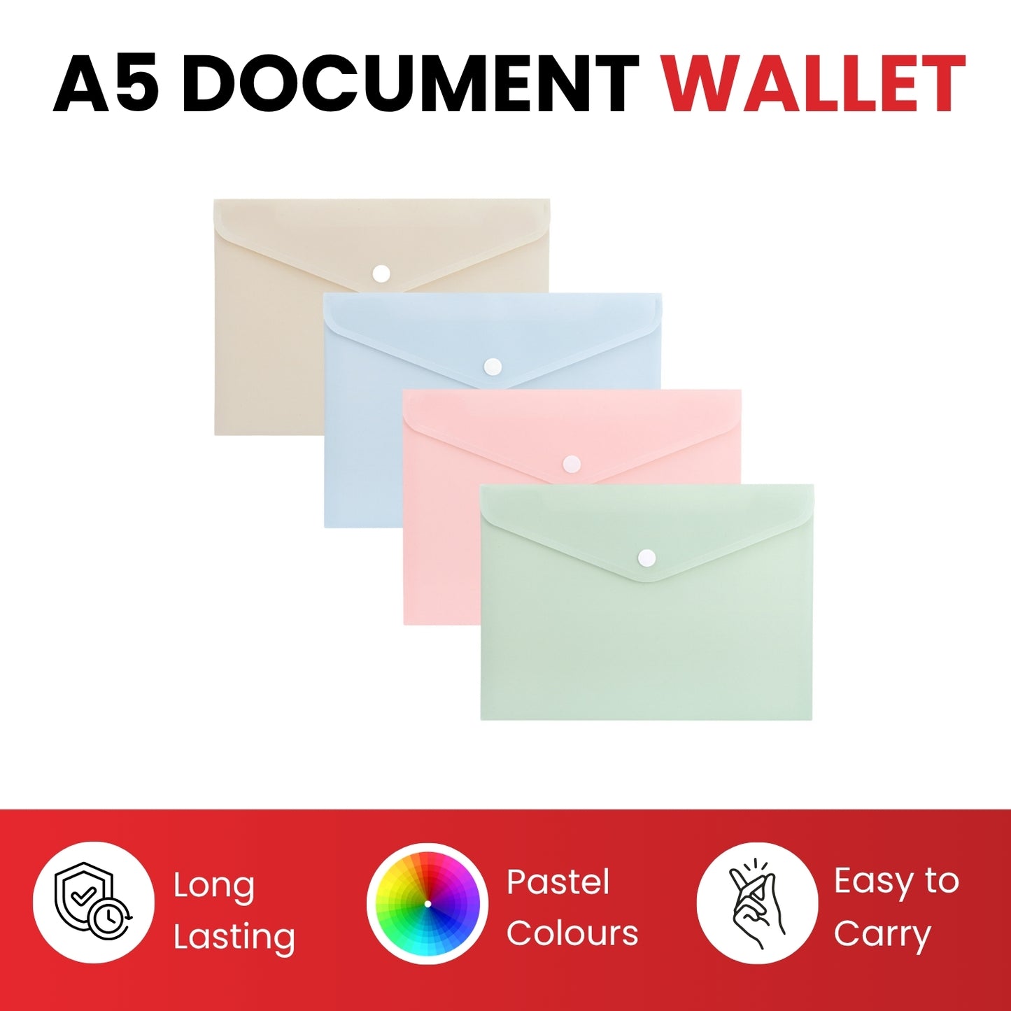 Pack of 12 A5 Ivory Soft Touch Plastic Document Wallets with Button Closure
