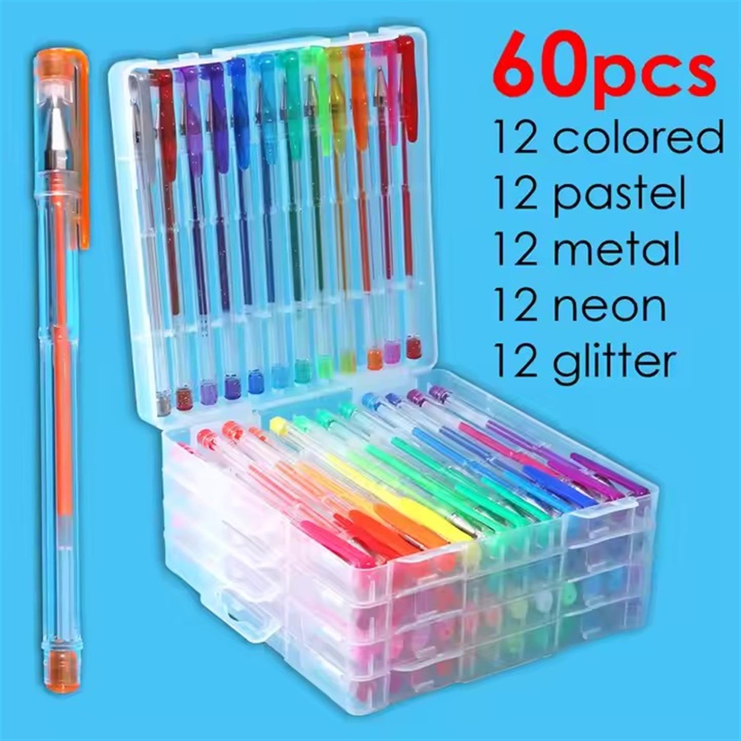 Pack of 60 Assorted Coloured Gel Ink Pens Set - Primary, Pastel, Metallic, Neon, Glitter
