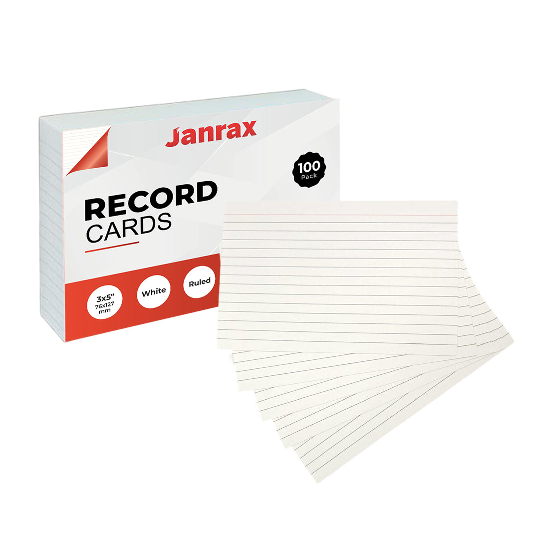 Pack of 100 White Ruled 5x3" Record Cards – Lined Study Index Cards for Notes, Revision
