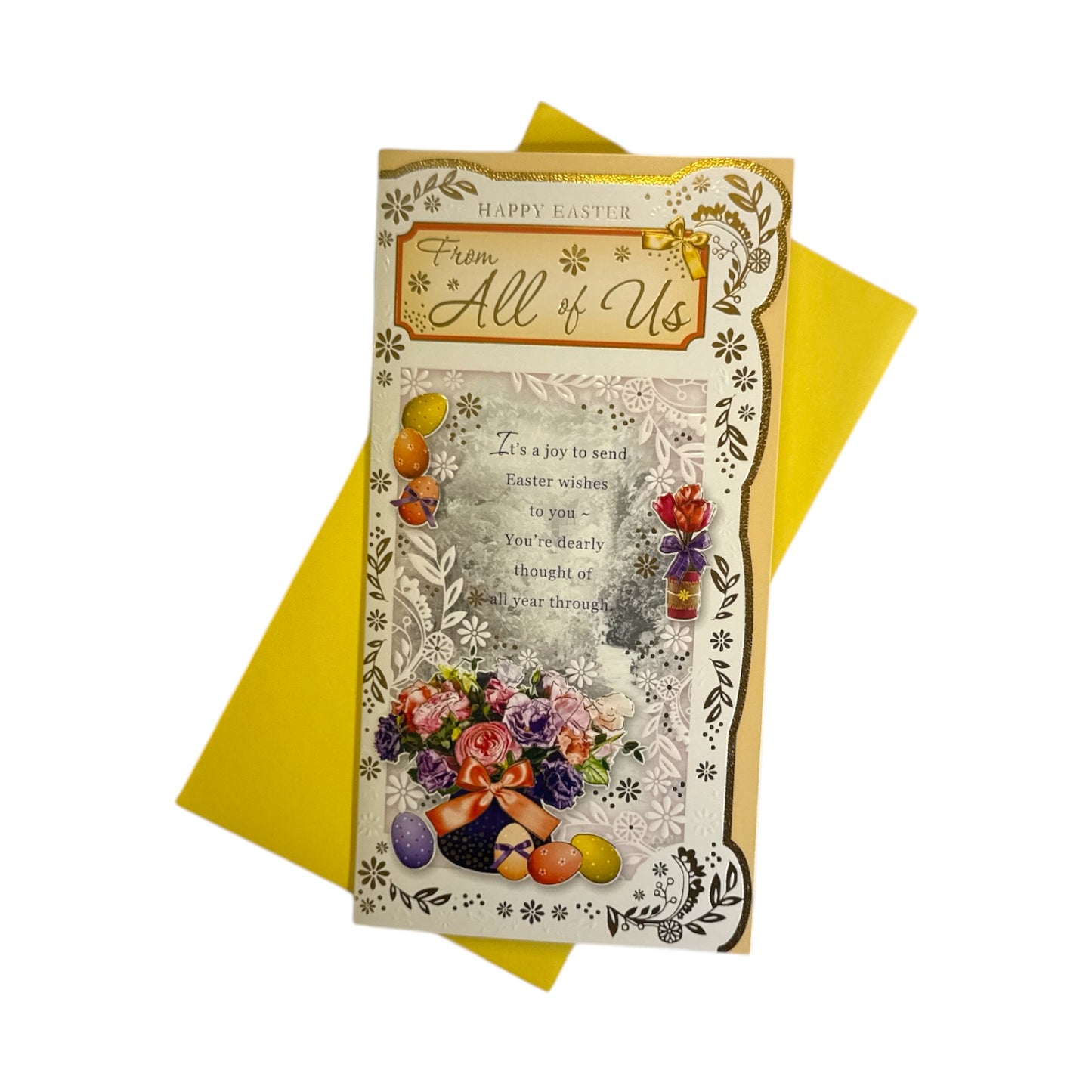 From All Of Us Spring Flower Basket with Eggs Design Easter Card