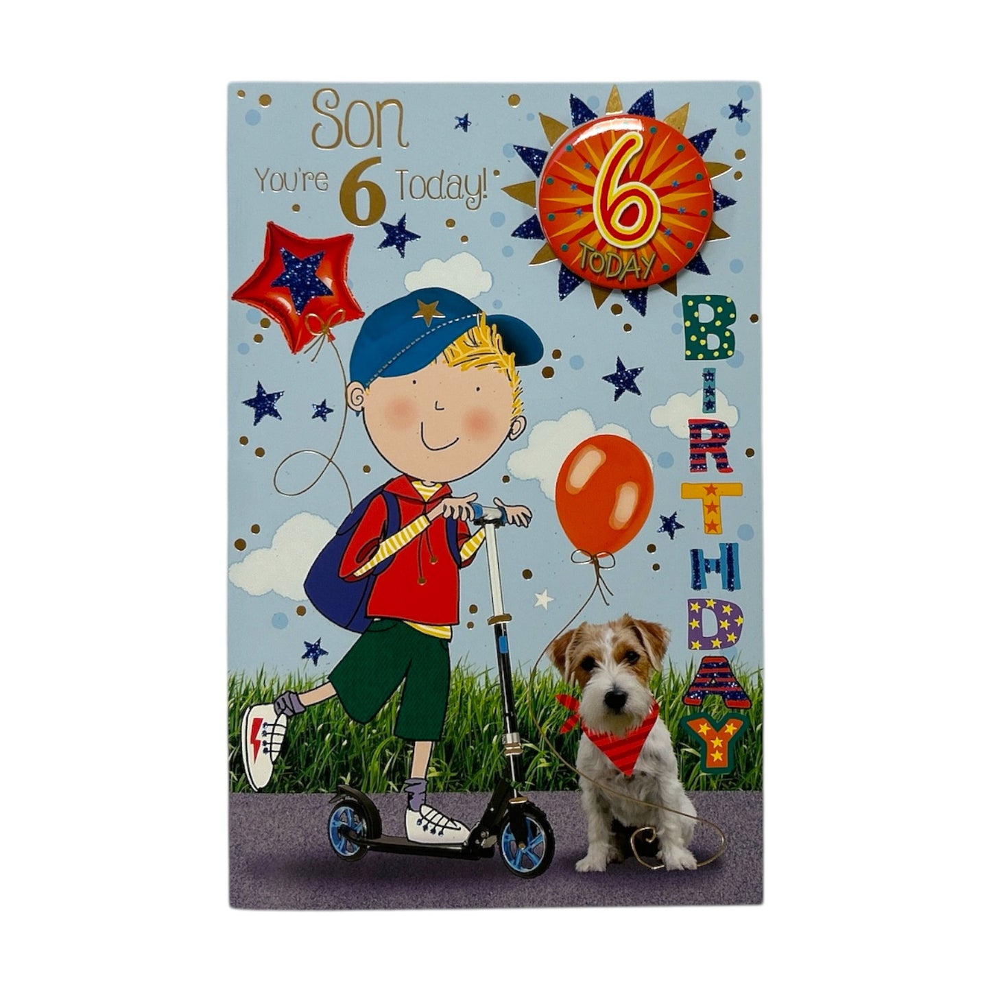 Son Age 6 Boy Riding A Scooter Juvenile Birthday Card With Badge