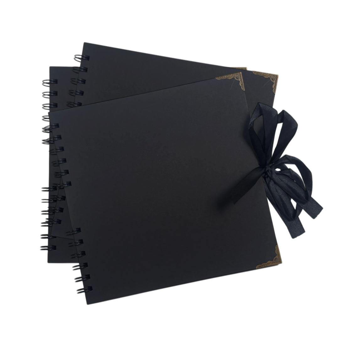 Pack of 6 Spiral Bound 180gsm Black Scrapbooks with Ribbon Closure and Metal Corners - 30 Sheets 20x20cm