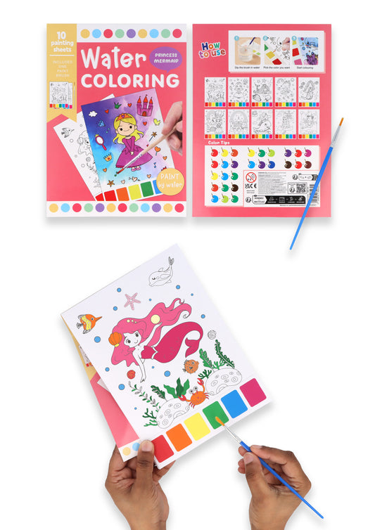 Pack of 12 Princess Water Colouring Set (21cm x 15cm) - A5 Size 10 Painting Sheets Paint Brush Included