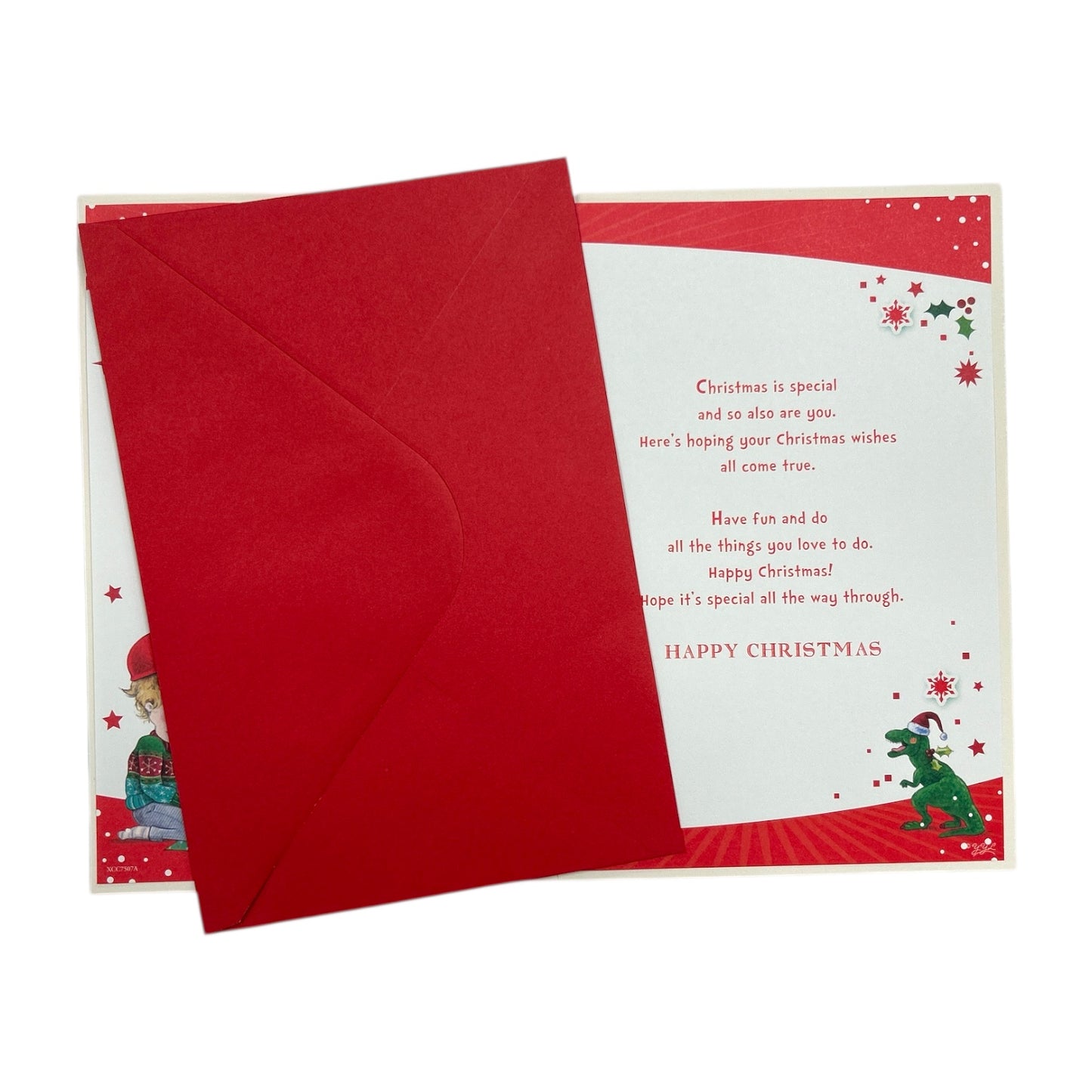 Special Son Christmas Tree Rex Dinosaur Design Christmas Card with Badge