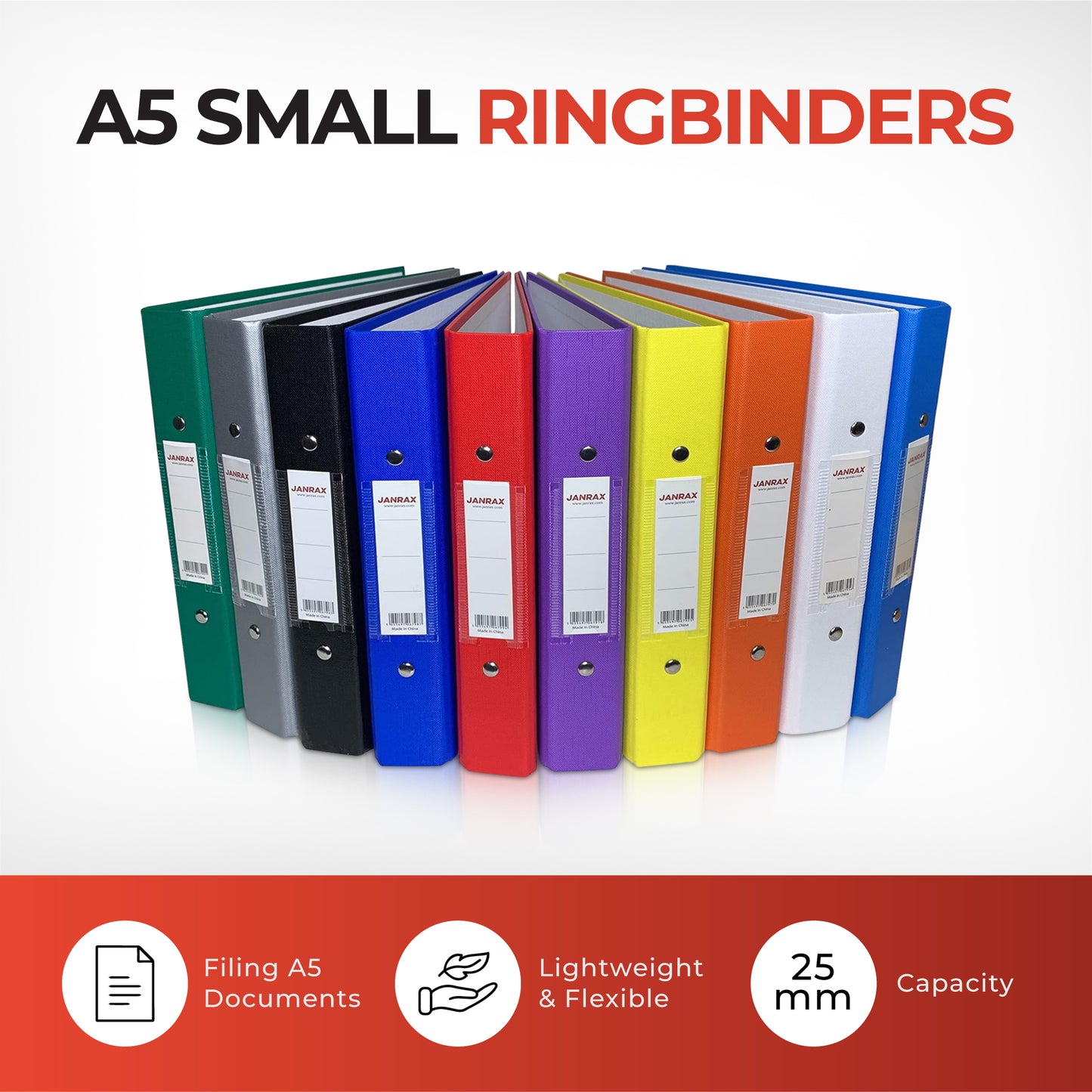 Pack of 4 A5 Paper Over Board Ring Binders – White, Grey, Blue, Green