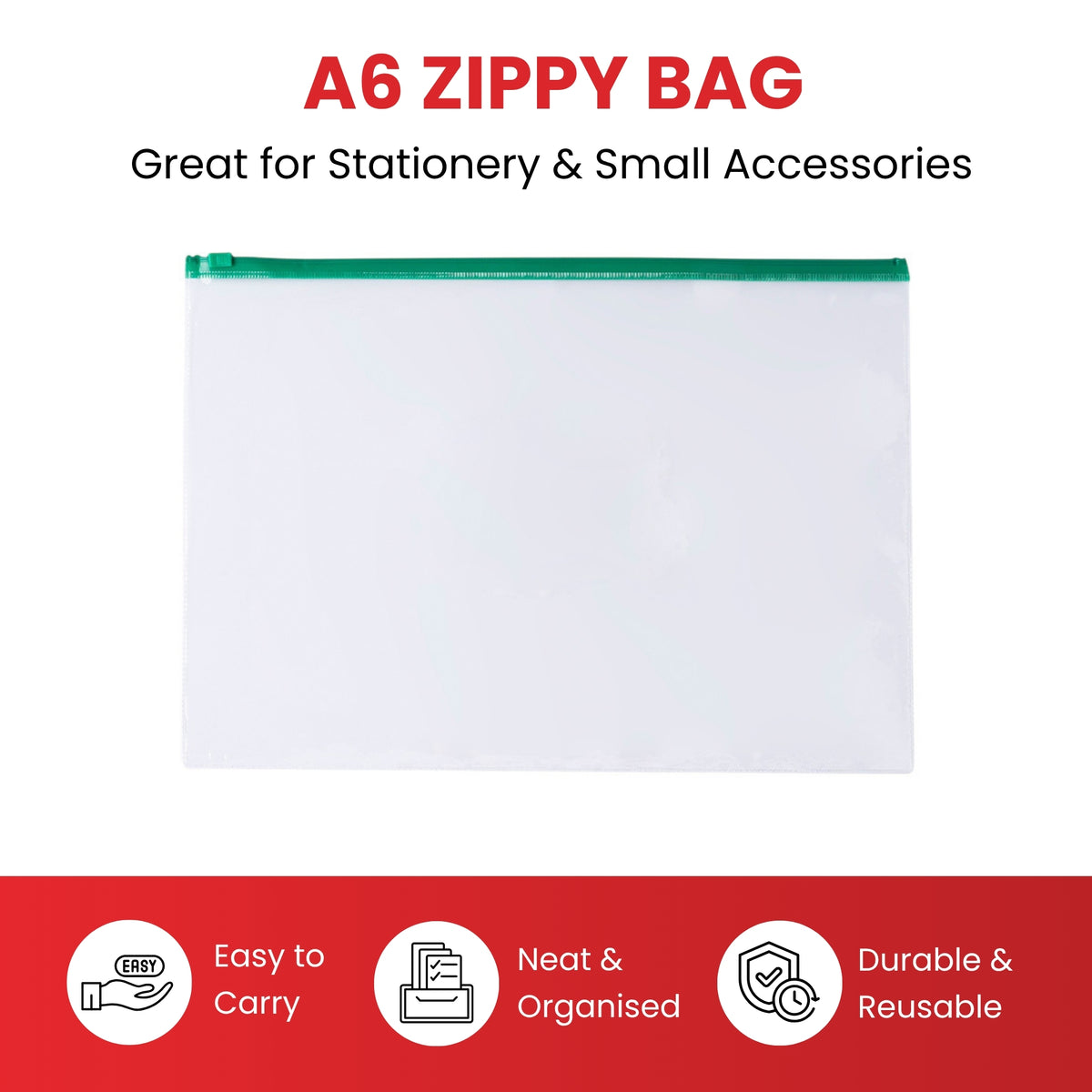 Pack of 12 A6 Clear Zippy Bags with Orange Zip