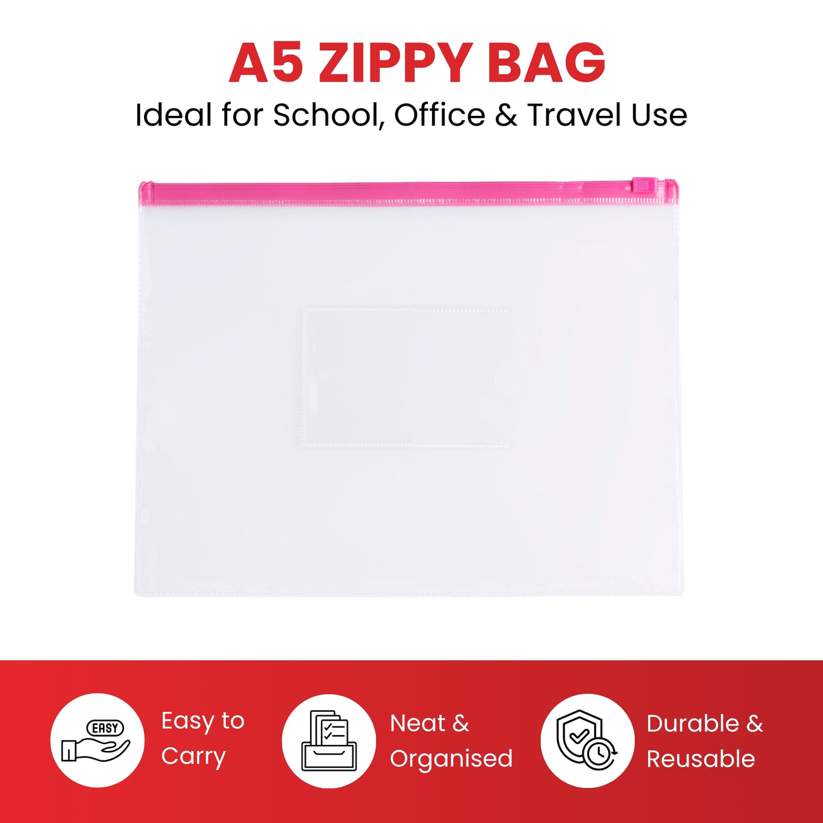 Pack of 12 A5 Clear Zippy Bags with Red Zip