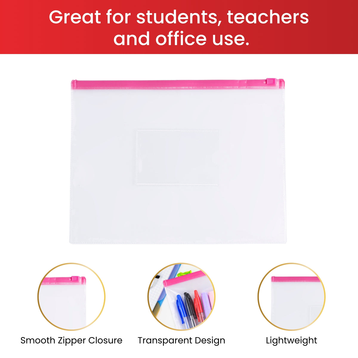 Pack of 12 A5 Clear Zippy Bags with Red Zip