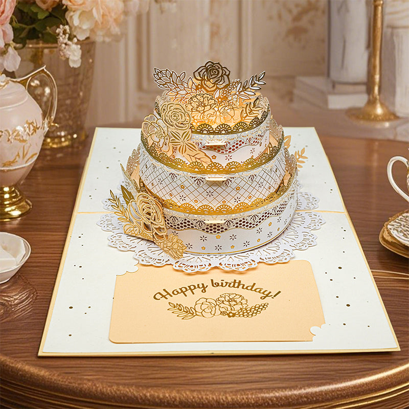 Gold Floral Cake Design Elegant 3D Pop Up Birthday Card