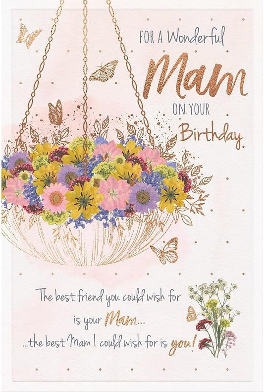 Floral Hanging Basket Design Mam Birthday Card
