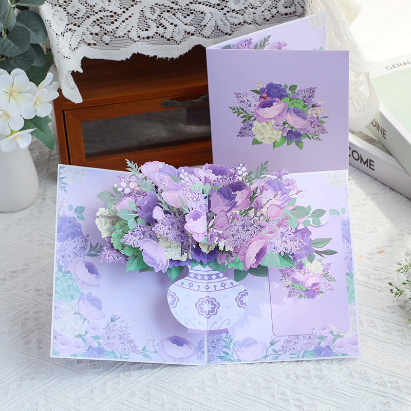 Purple Hydrangea Rose Bouquet 3D Pop Up Greeting Card - Mother's Day Birthday Anniversary