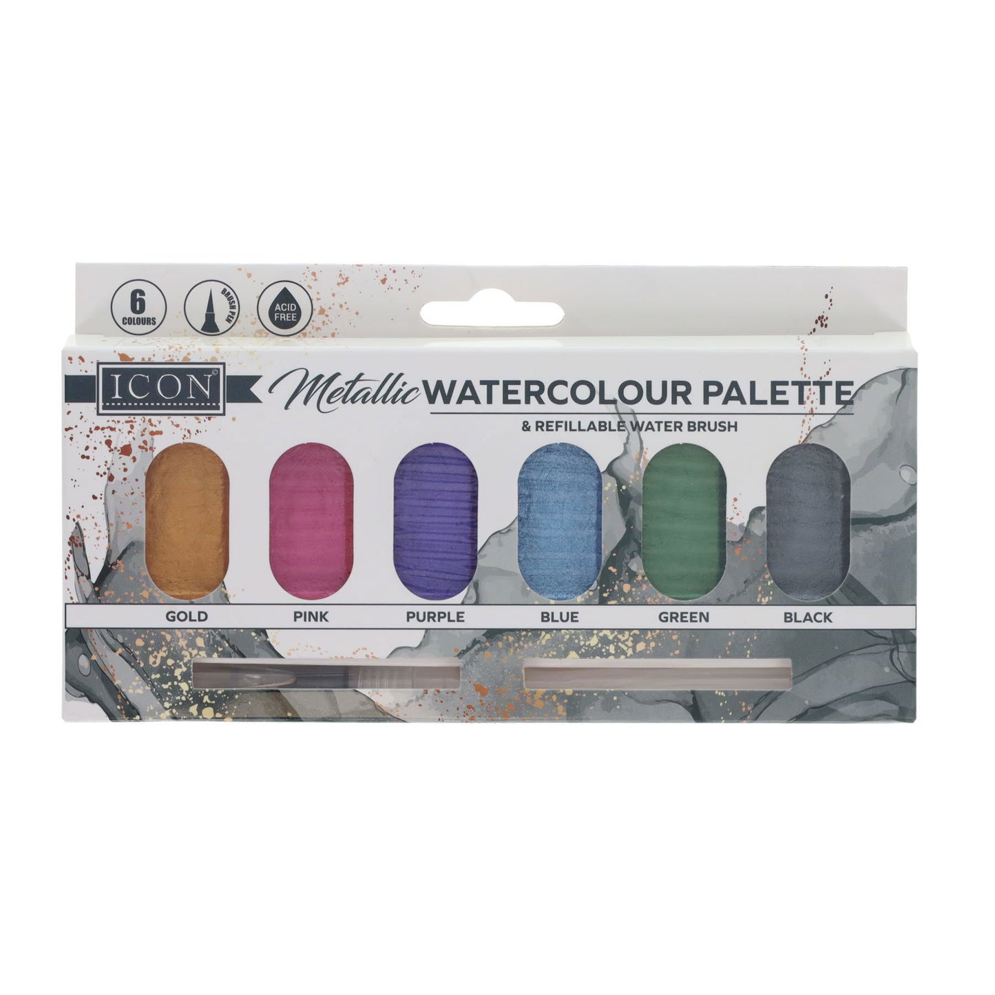 Pack of 6 Primary Metallic Watercolour in Palette & Refillable Water Brush by Icon