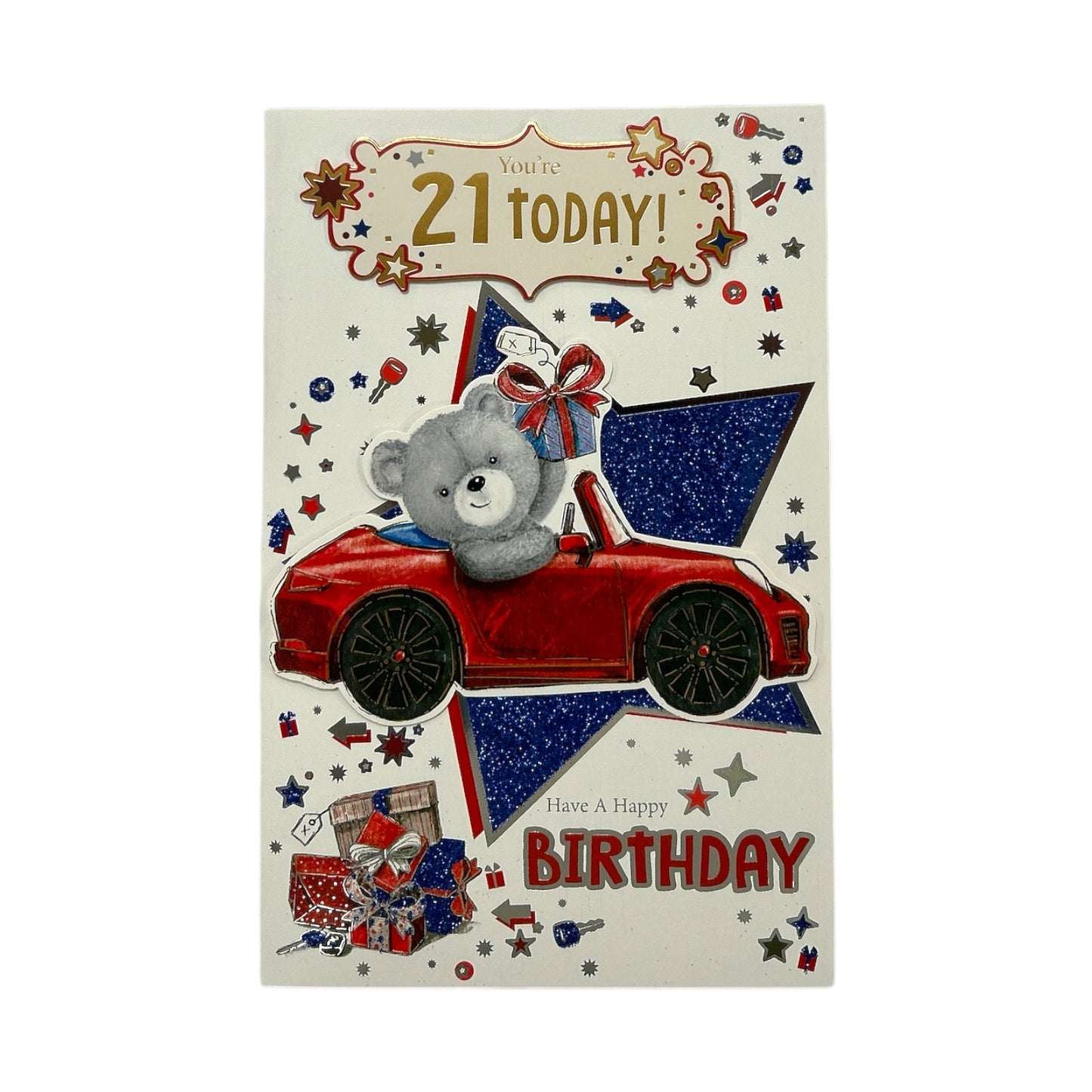 Age 21 Teddy In Red Car Design Birthday Card