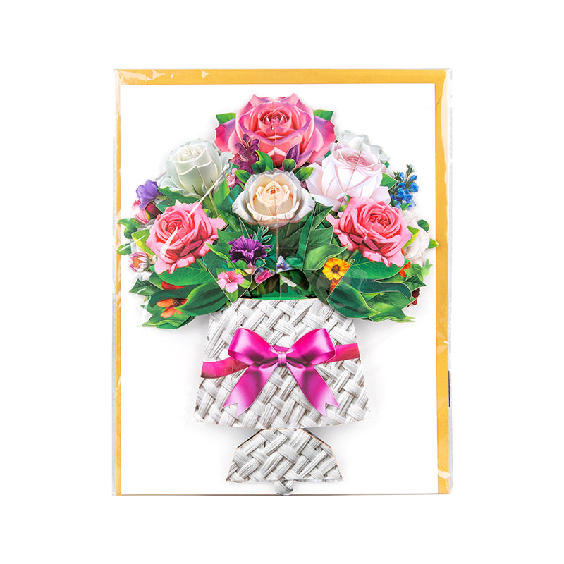 Pink And White Rose Bouquet in Basket Design 3D Pop Up Card