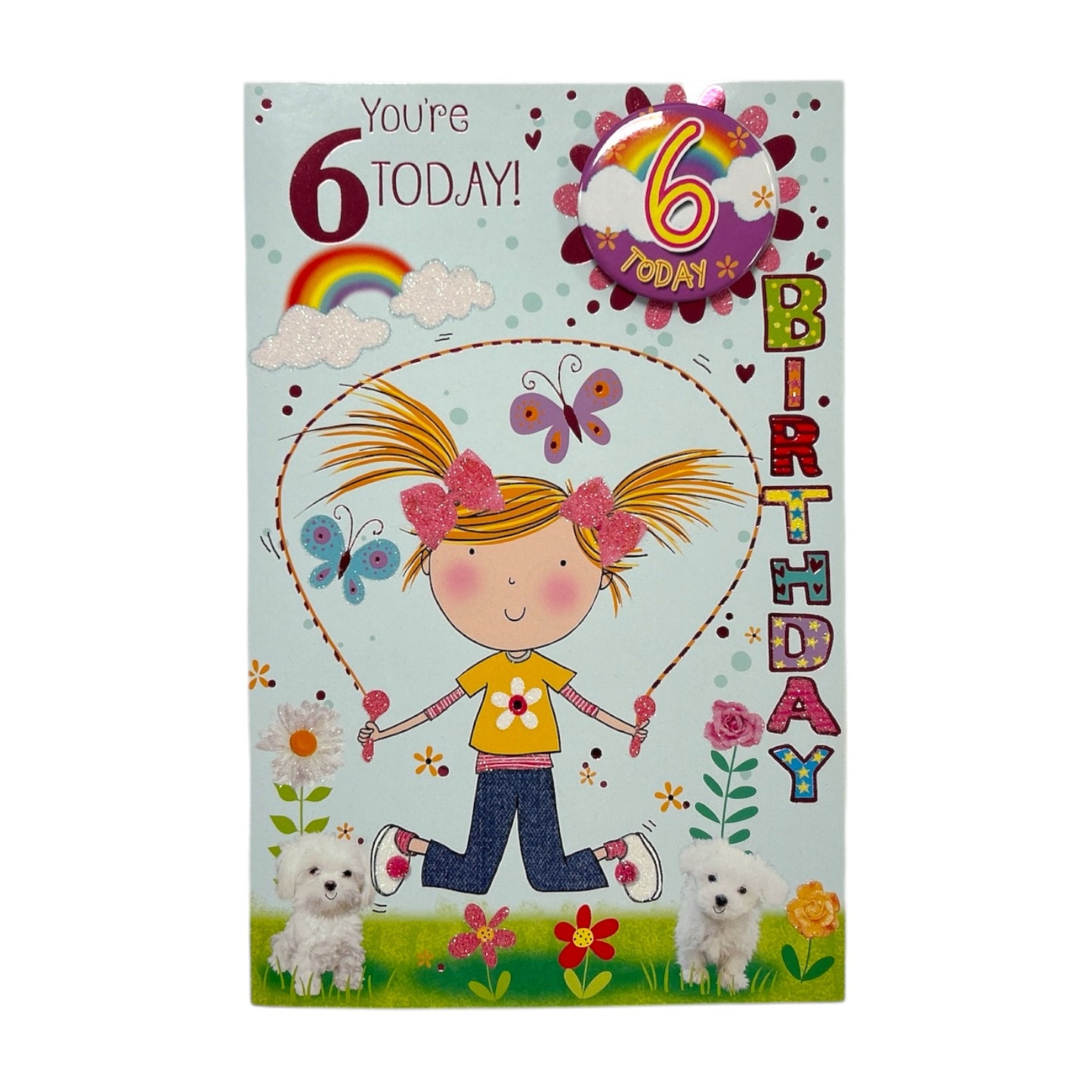 Age 06 Girl Skipping Juvenile Birthday Card With Badge