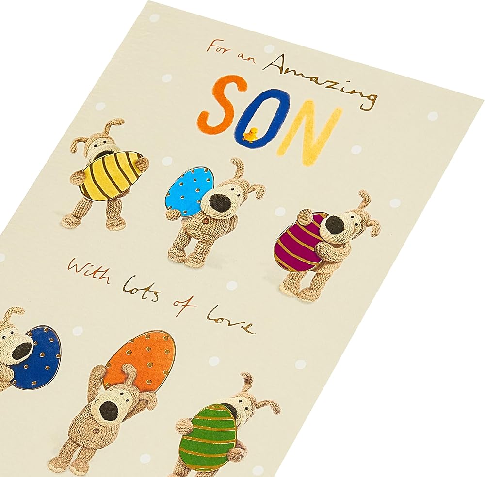 Boofles Holding Eggs Son Easter Card