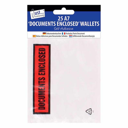 Pack of 25 A7 'Documents Enclosed' Self Adhesive Clear Plastic Wallets