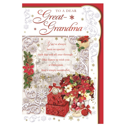 To a Dear Great Grandma Poinsettias and Gifts Design Christmas Card