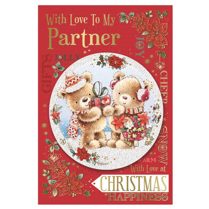 With Love to My Partner Bears With Gift Design Floral Christmas Card