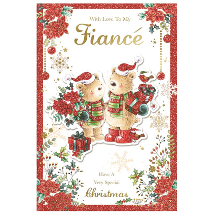 With Love to My Fiance Lovely Teddies With Flowers and Gifts Design Christmas Card