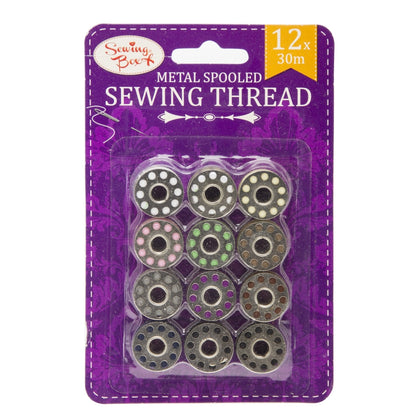Pack of 12 Assorted Coloured Metal Spooled Sewing Threads by Sewing Box