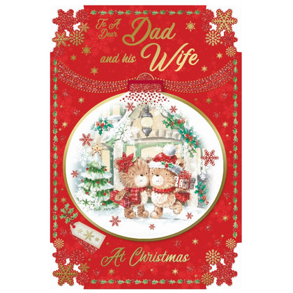 For a Dear Dad and His Wife Teddies Snuggling Design Christmas Card