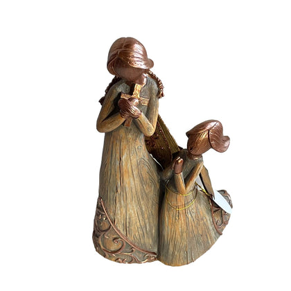 Woodland Angel Mother Holding a Cross & Daughter Figurine