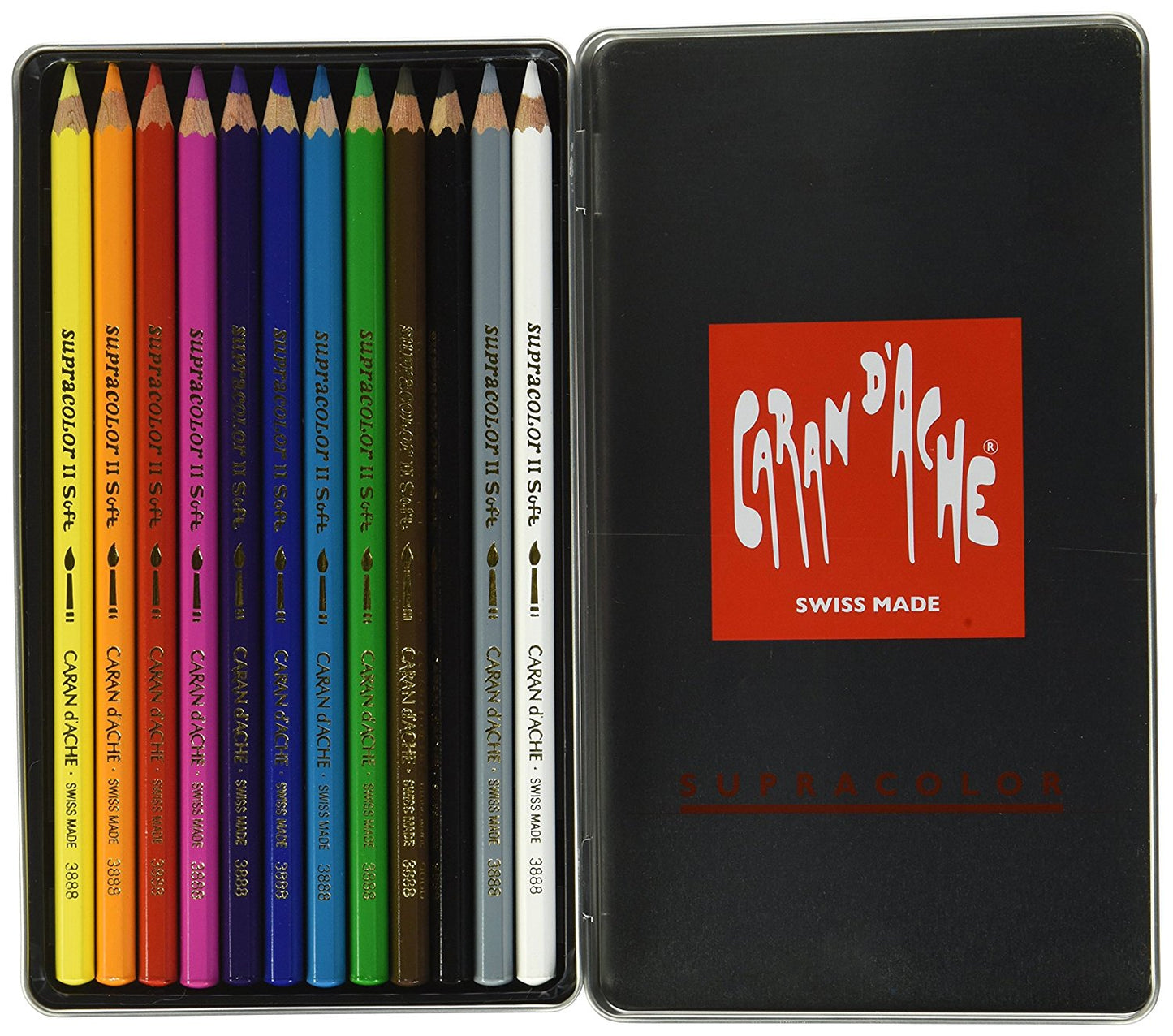 Caran d'Ache 12 Supracolor Soft Aquarelle Colouring Pencils in Metal Tin