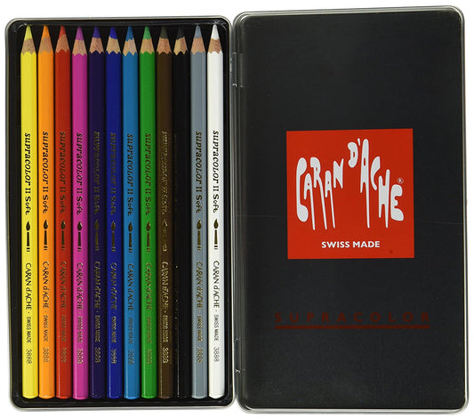 Caran d'Ache 12 Supracolor Soft Aquarelle Colouring Pencils in Metal Tin